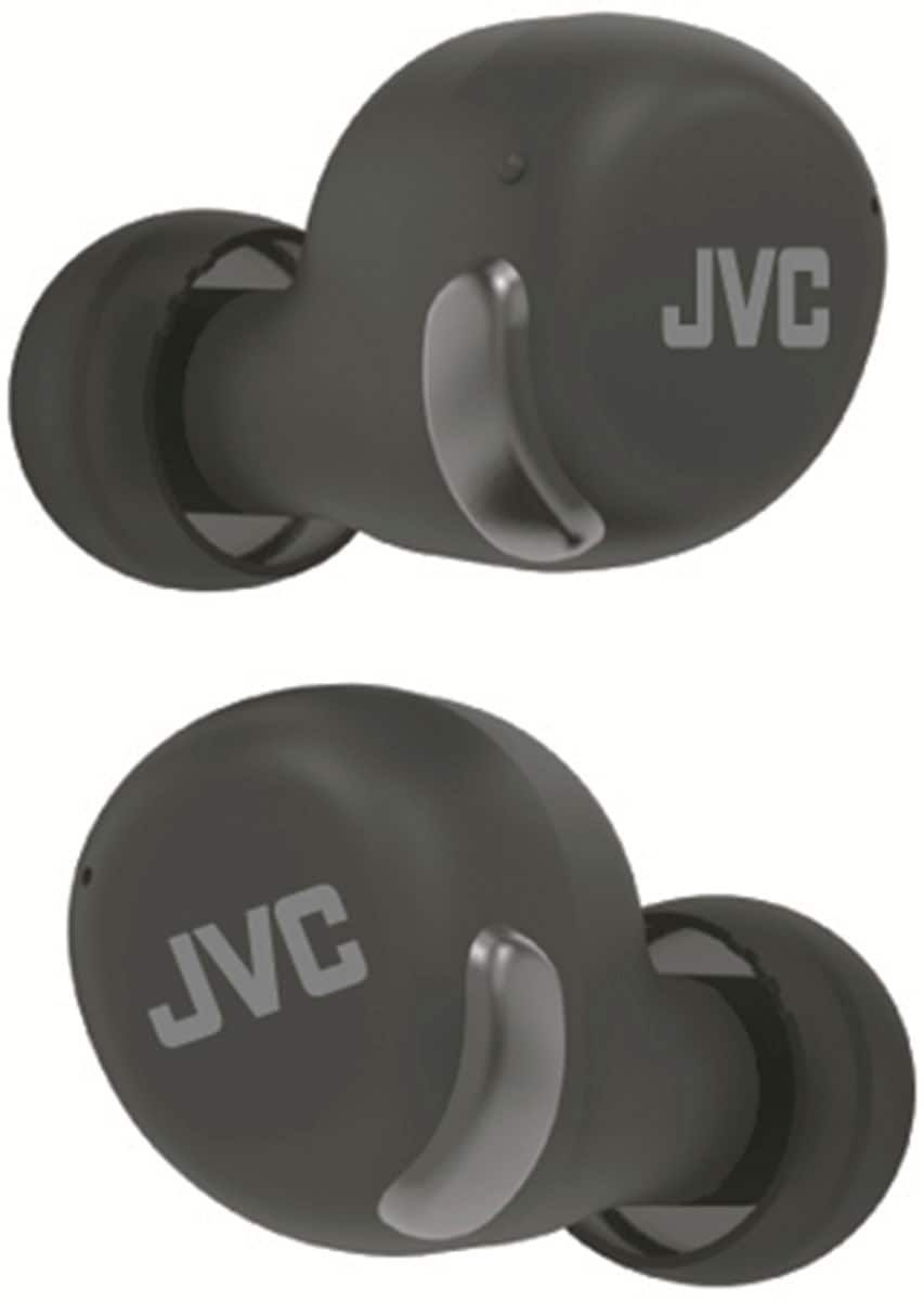 The image features two black JVC earphones, each with a silver JVC logo on them. The earphones are designed to be worn in the ears and provide a comfortable listening experience. The JVC brand is well-known for its audio equipment, and these earphones are likely to deliver high-quality sound to the user.
