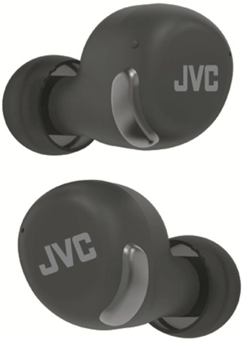 The image features two black JVC earphones, each with a silver JVC logo on them. The earphones are designed to be worn in the ears and provide a comfortable listening experience. The JVC brand is well-known for its audio equipment, and these earphones are likely to deliver high-quality sound to the user.