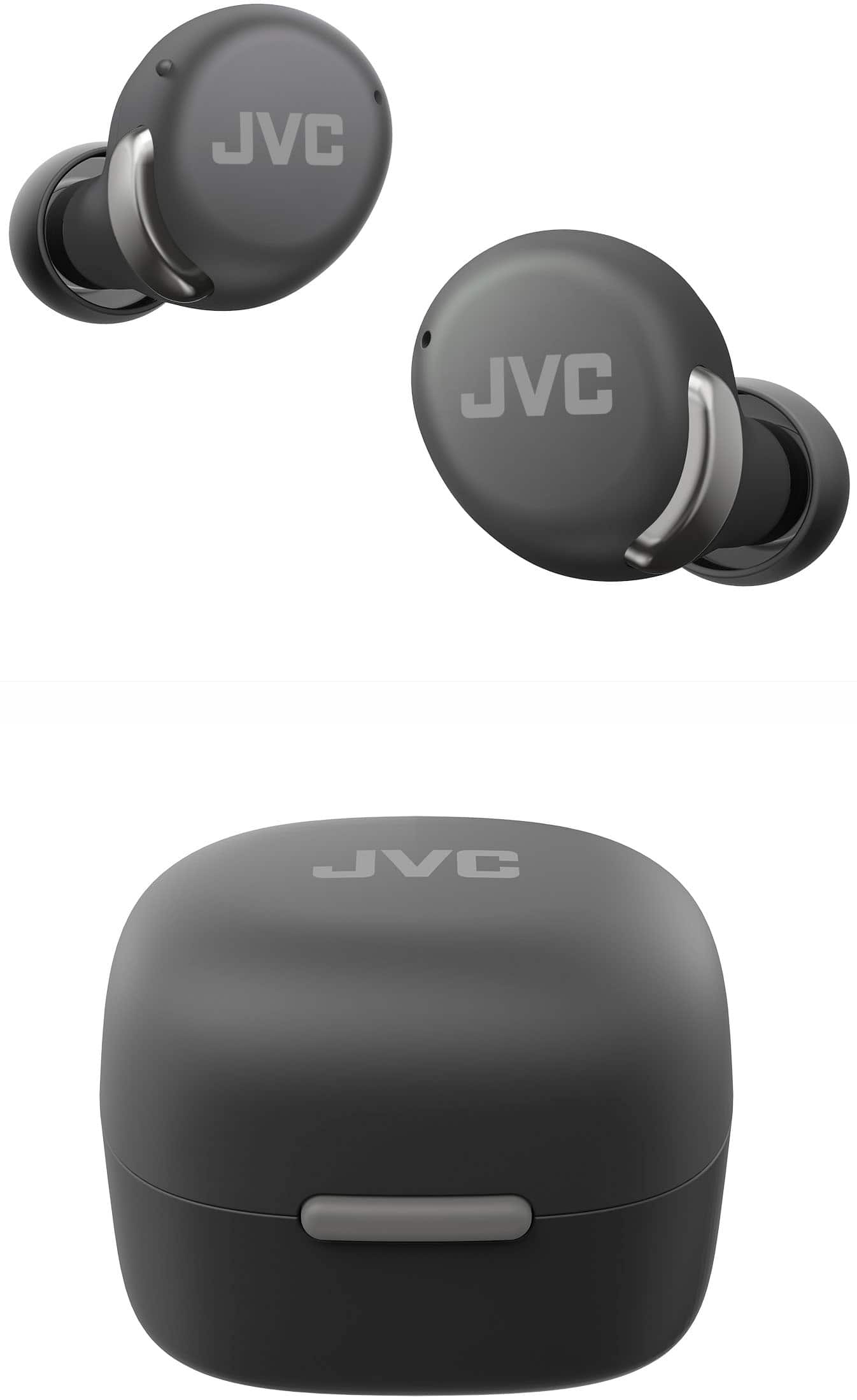 The image features a pair of JVC earbuds, which are black in color. The earbuds are shown in two different positions: one is attached to a box, while the other is detached. The earbuds are designed for personal use and provide a comfortable fit for the user.