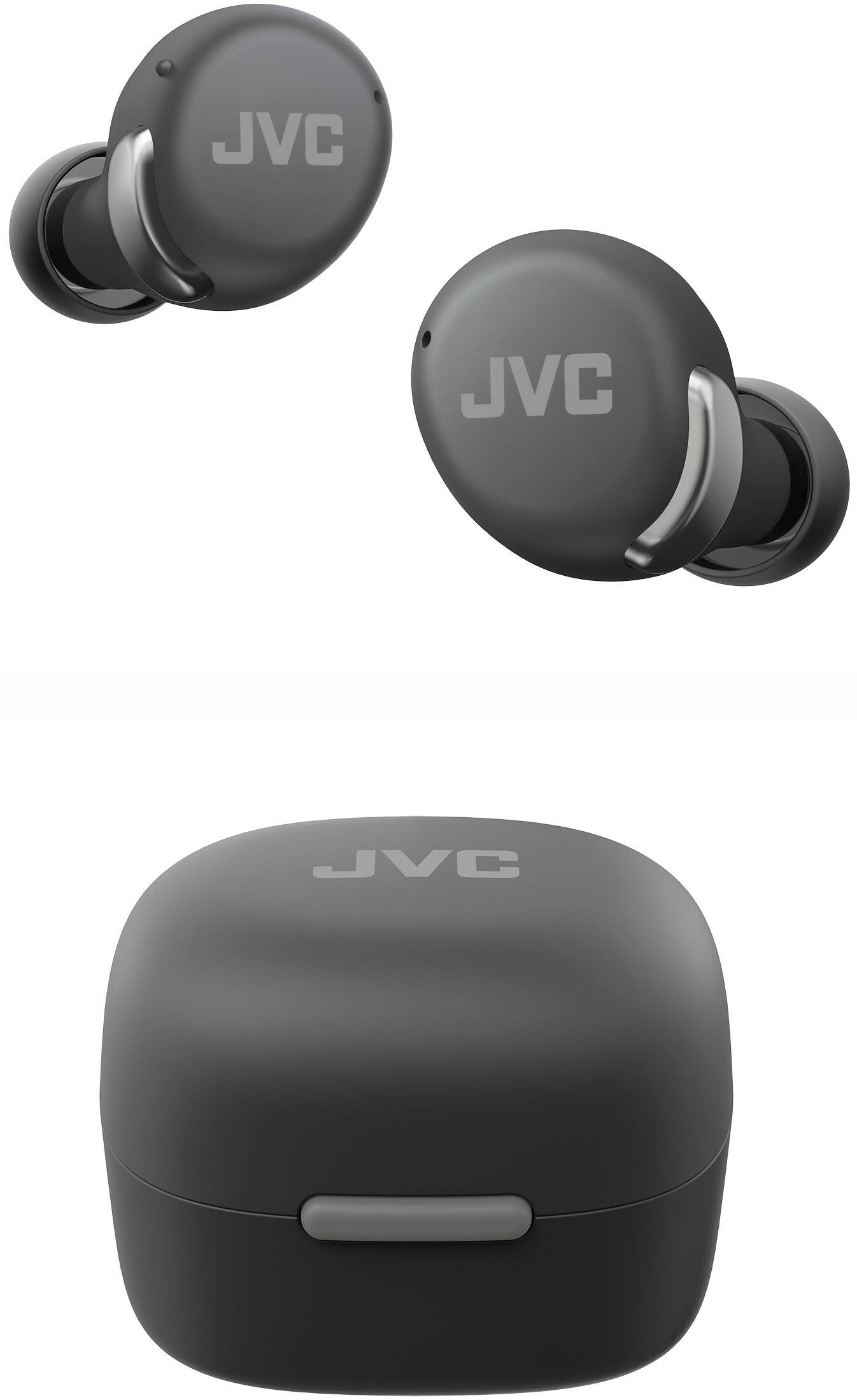 The image features a pair of JVC earbuds, which are black in color. The earbuds are shown in two different positions: one is attached to a box, while the other is detached. The earbuds are designed for personal use and provide a comfortable fit for the user.