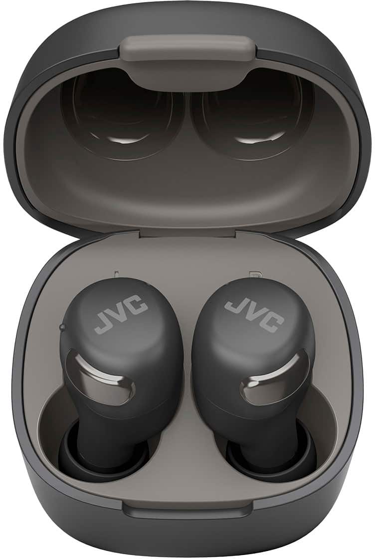 The image features a pair of JVC earphones, which are currently in their case. The earphones are black and have a sleek design. They are placed inside a black case, which is open to reveal the earphones. The case is compact and easy to carry, making it a convenient way to store and transport the earphones.