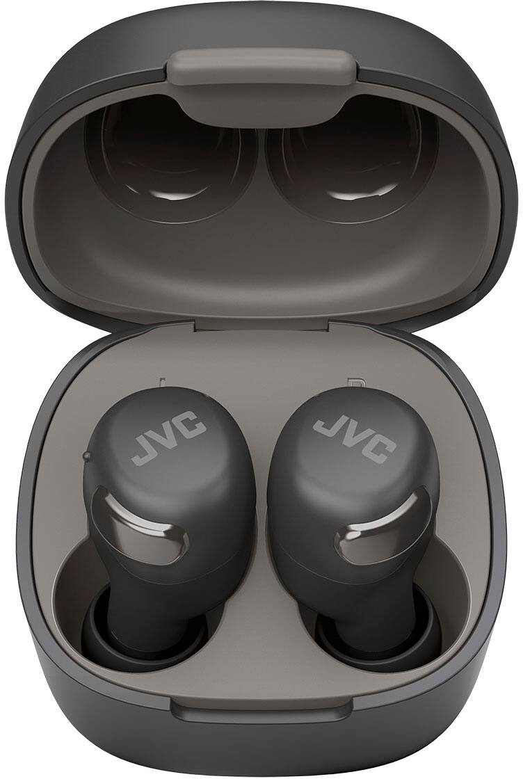 The image features a pair of JVC earphones, which are currently in their case. The earphones are black and have a sleek design. They are placed inside a black case, which is open to reveal the earphones. The case is compact and easy to carry, making it a convenient way to store and transport the earphones.