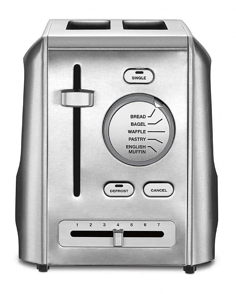 The image features a silver toaster oven with a digital display. The display shows the current setting, which is set to "bread." The toaster oven has a variety of settings, including "bread," "bagel," "waffle," "pastries," "English muffin," and "defrost." The oven also has a "cancel" button, which can be used to stop the current operation. The toaster oven is designed to toast bread and other baked goods, making it a versatile appliance for various baking needs.