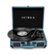 The image features a blue suitcase with a record player inside. The record player has a record on it, and the suitcase is open, revealing the record player and record. The suitcase is a portable record player, making it a convenient and compact way to enjoy music on the go.