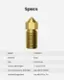 Specs: 0.6 Model: V71200B1-1 Material: Brass Size: 6x6x17 mm Product Net Weight: 2.7 g per Piece Print Temperature (with M5): Max 260C (500F) Filament Supported: PLA, ABS, PETG, TPU