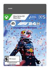 The image features a video game cover for F1 2024 Champions Edition, which is available on Xbox Series X and Xbox One. The game is rated E for Everyone and has Mild Language. In-game purchases are also available, and the game is compatible with Xbox Smart Delivery. The cover showcases a racing driver wearing a Red Bull suit, and the game is developed by Codemasters.