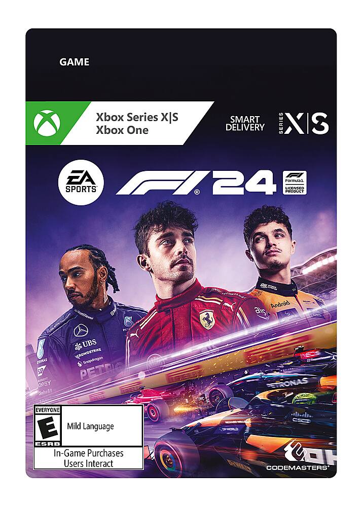The image features a video game box for F1 24, which is available on the Xbox Series X and Xbox One. The game is rated E for Everyone and has mild language. The box also indicates that there are in-game purchases and that users can interact with the game. The game is licensed by EA Sports and Formula 1. The box also displays the logos of Petronas and Mercedes-Benz, which are sponsors of the game. - E (Everyone)