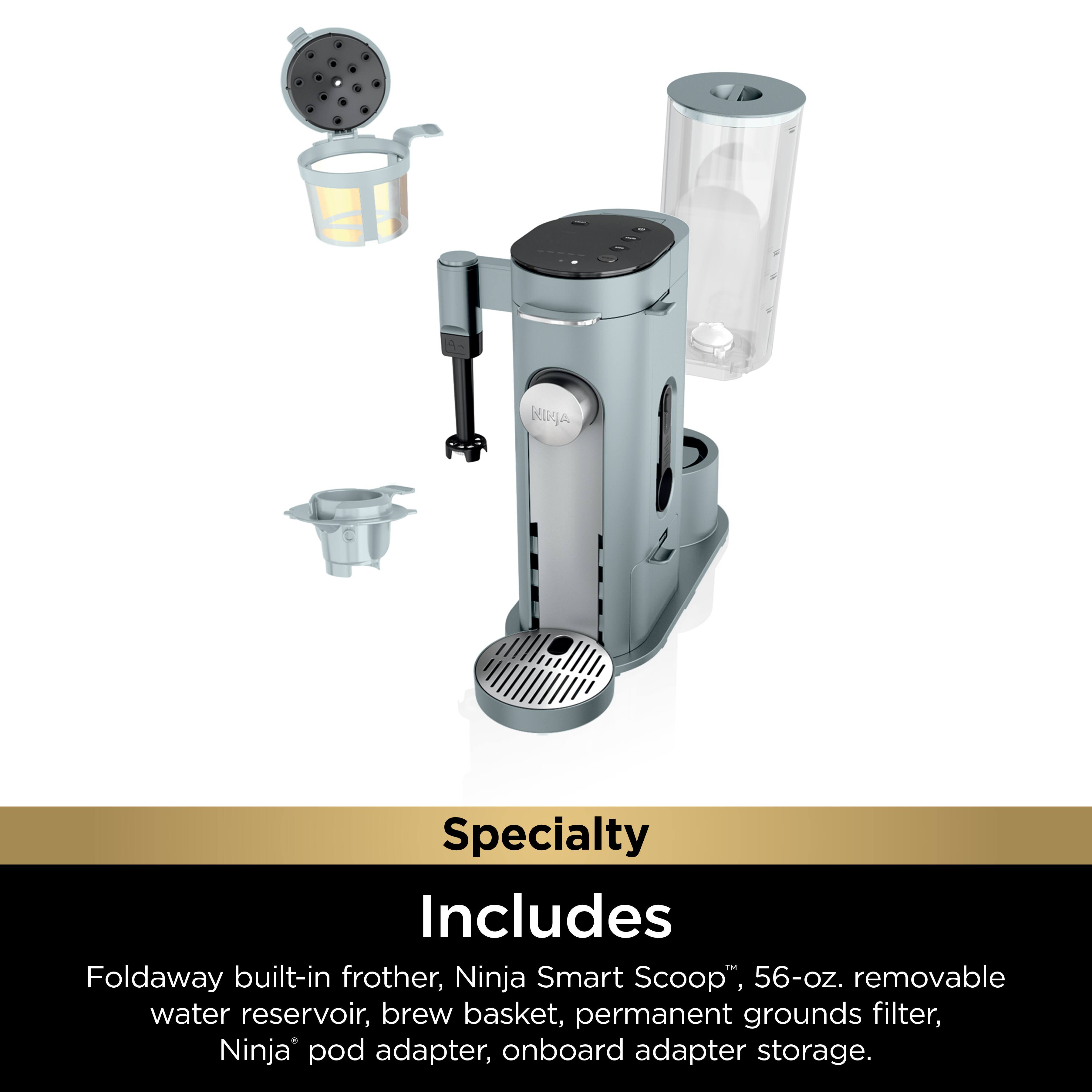 The image features a coffee maker with a built-in frother and a Ninja Smart Scoop. The coffee maker also includes a 56-oz. removable water reservoir, a brew basket, a permanent grounds filter, a Ninja pod adapter, and onboard adapter storage. The coffee maker is designed to be foldable and portable, making it a convenient option for those who want to enjoy a cup of coffee on the go.