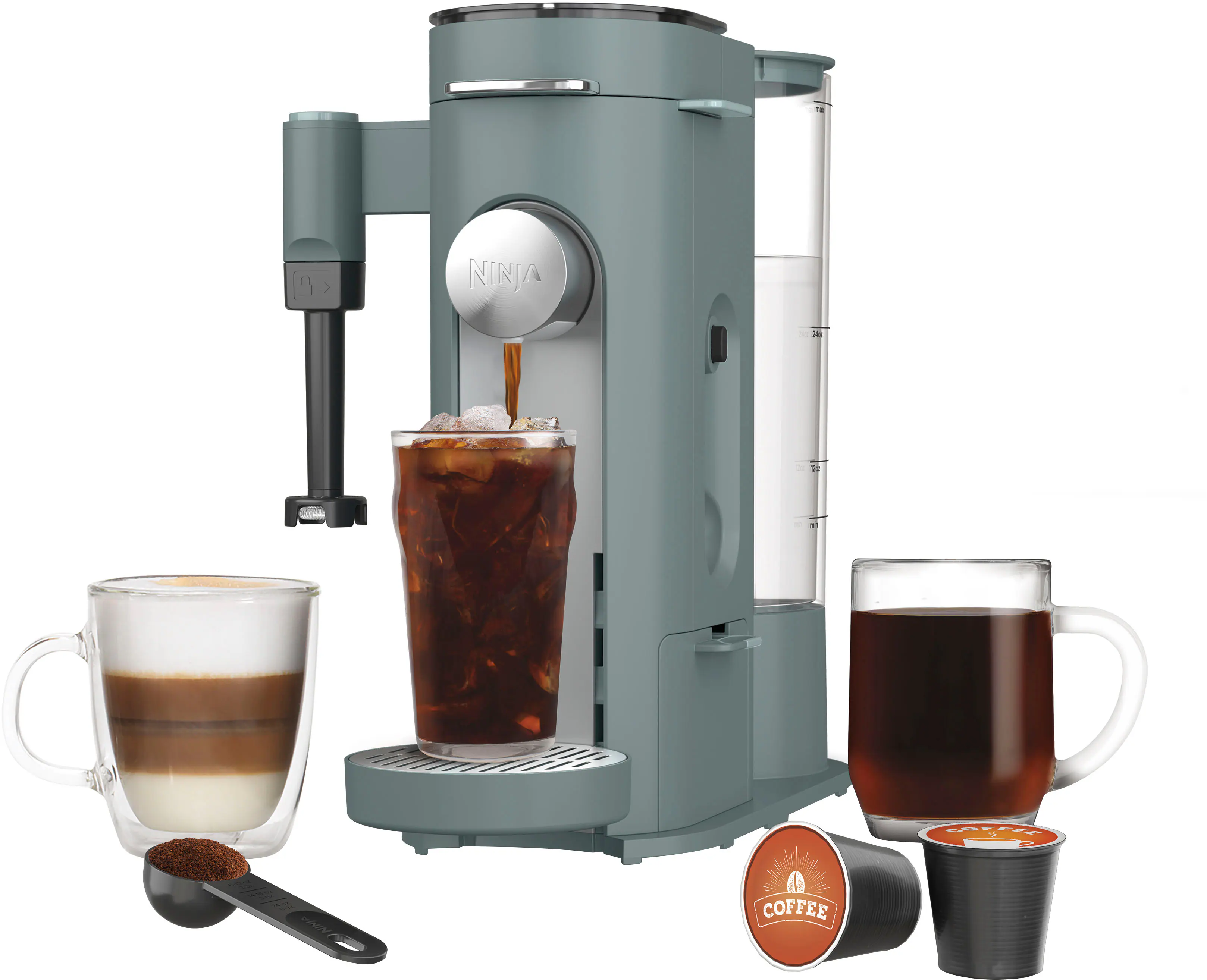 The image features a coffee maker with a cup of coffee and a glass of soda on the counter. There are also two cups of coffee and a spoon nearby. The coffee maker is a Ninja Coffee Bar, which is a versatile and convenient appliance for making various types of coffee. The image showcases the coffee maker's ability to make both coffee and soda, offering a wide range of beverage options for users.