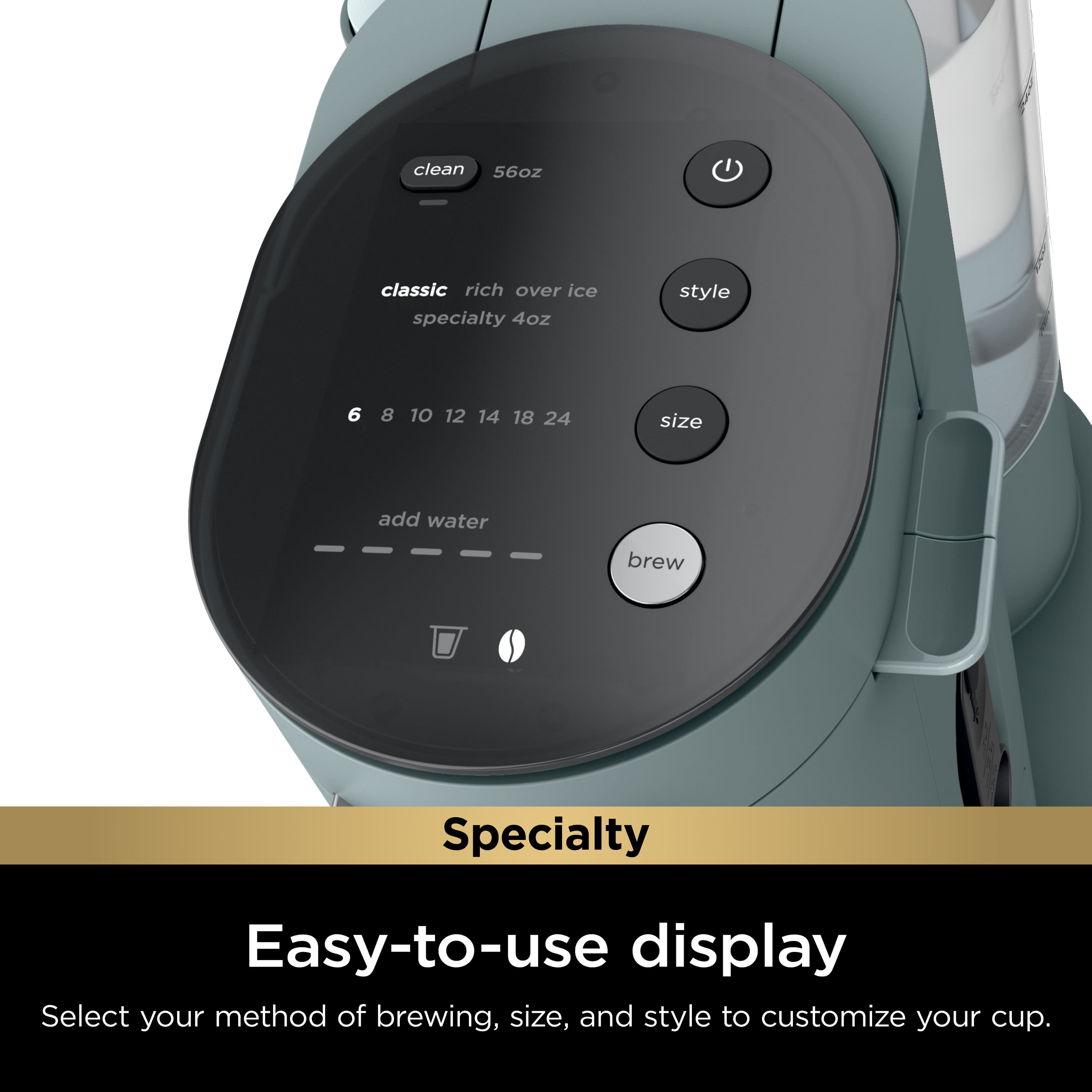 The image features a coffee maker with a large display screen and various buttons for selecting options. The display screen shows the available options for brewing, such as size, style, and richness. The coffee maker is designed to be easy-to-use and customizable, allowing users to select their preferred method of brewing, size, and style to create a personalized cup of coffee.