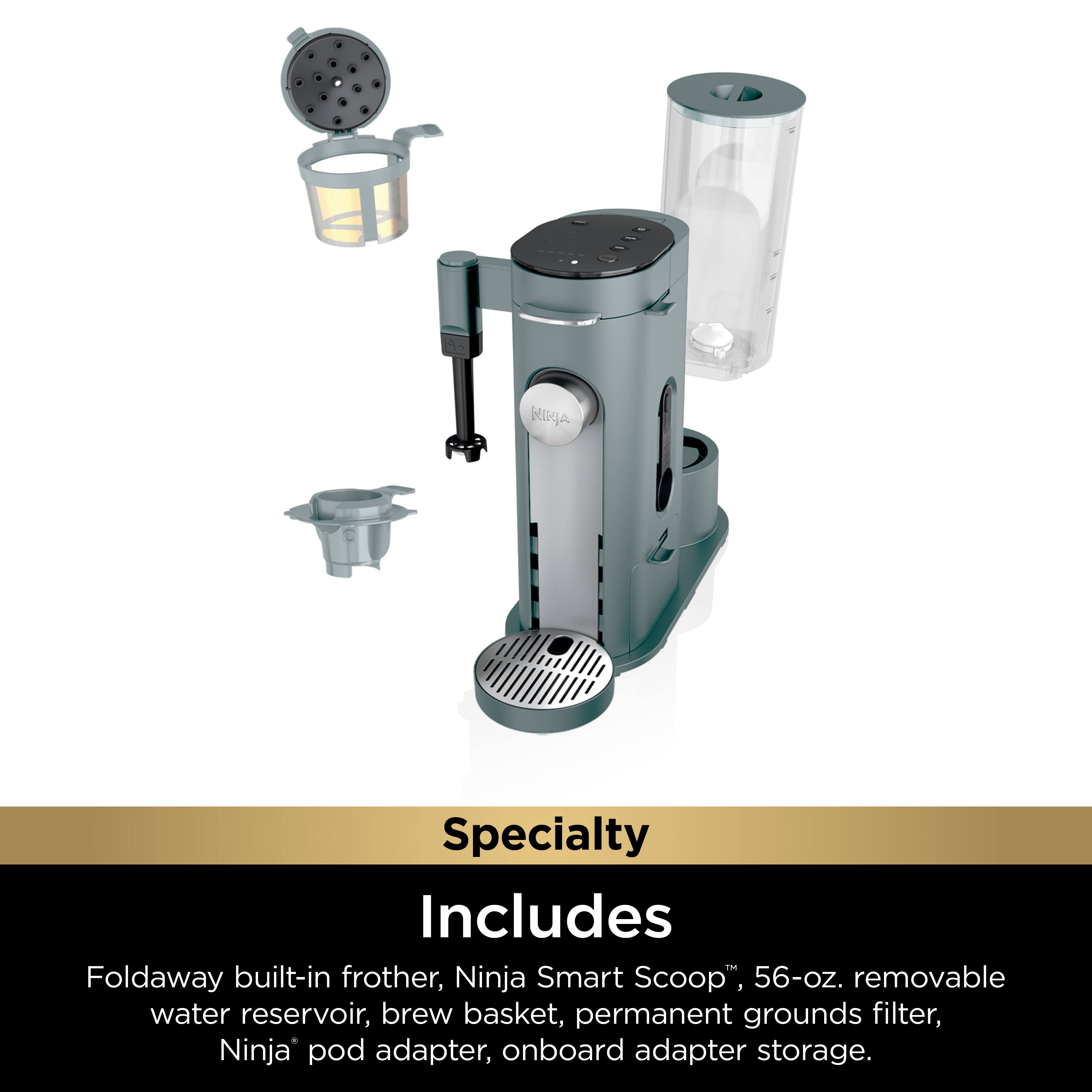 The image showcases a coffee maker with a green and black color scheme. It features a fold-away built-in frother, a Ninja Smart Scoop, a 56-oz. removable water reservoir, a brew basket, a permanent grounds filter, a Ninja pod adapter, and onboard adapter storage. The coffee maker is designed for convenience and efficiency, making it a great addition to any kitchen.