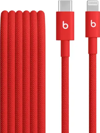 Front. Beats - 5' USB-C to Lightning Woven Cable - Rapid Red.
