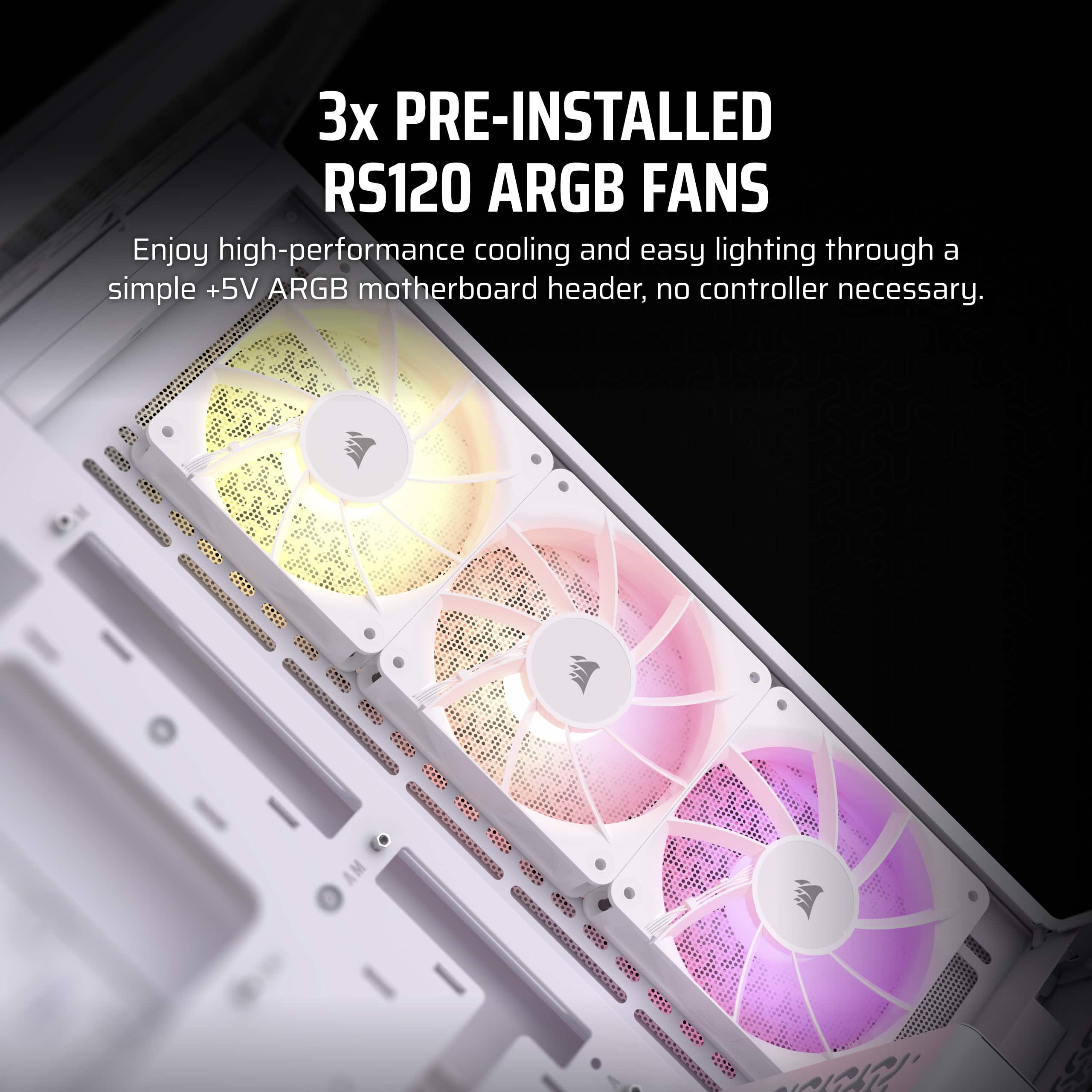 3x Pre-Installed RS120 ARGB Fans: Enjoy high-performance cooling and easy lighting through a simple +5V ARGB motherboard header, no controller necessary.