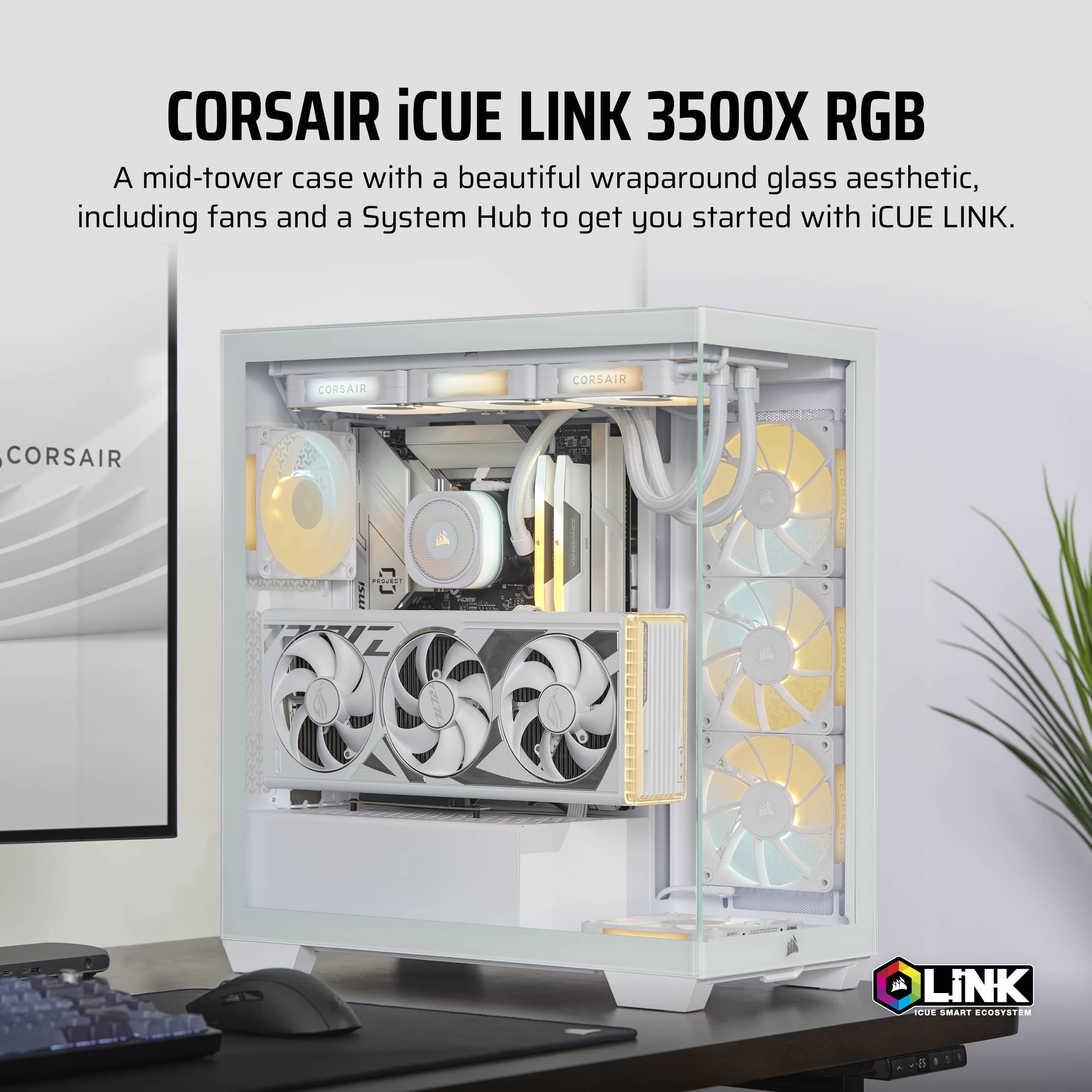 Corsair iCUE Link 3500X RGB: A mid-tower case with a beautiful wraparound glass aesthetic, including fans and a System Hub to get you started with iCUE Link.