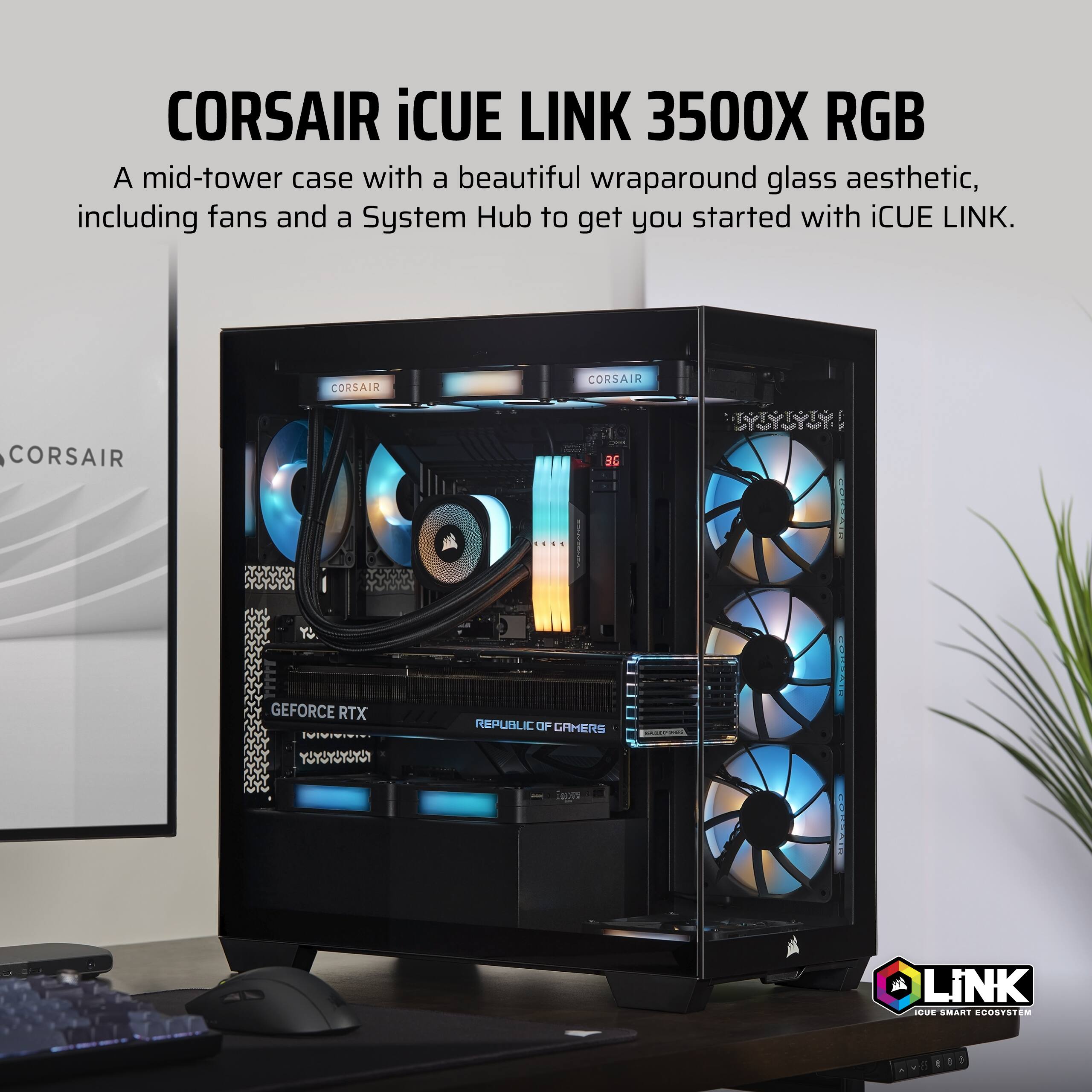 Corsair iCUE Link 3500X RGB: A mid-tower case with a beautiful wraparound glass aesthetic, including fans and a System Hub to get you started with iCUE Link.