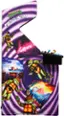 The image features a Teenage Mutant Ninja Turtles arcade game, which is a popular video game franchise. The game is displayed in a purple and black color scheme, and it has a large screen with various images of the turtles. The game is designed to be played by multiple players, as it has a joystick and buttons for each player. The game is likely to be found in an arcade or amusement center, where it can be enjoyed by fans of the Teenage Mutant Ninja Turtles franchise.