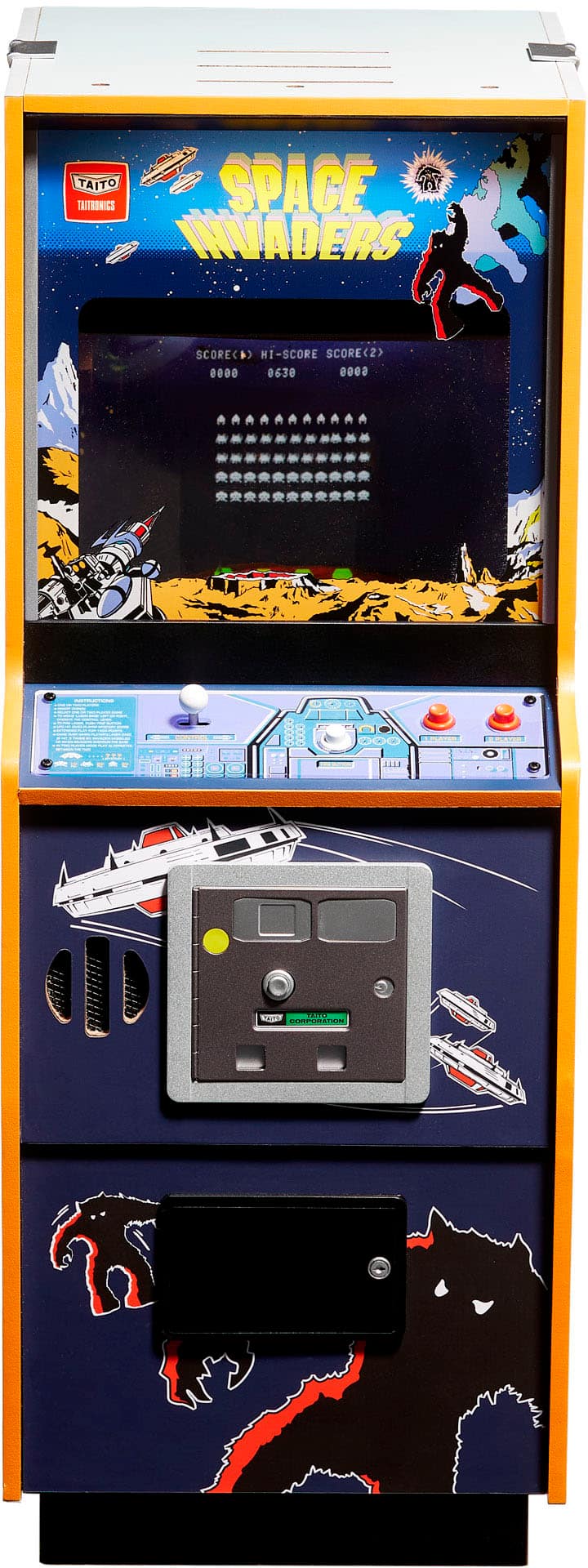 The image features a Space Invaders arcade machine with a black cat on the front. The machine is designed to look like a spaceship and has a blue color scheme. The Space Invaders game is a classic arcade game that was first introduced in 1978. The machine is likely to be an old-fashioned, vintage arcade game, as it is described as an "old-fashioned machine."