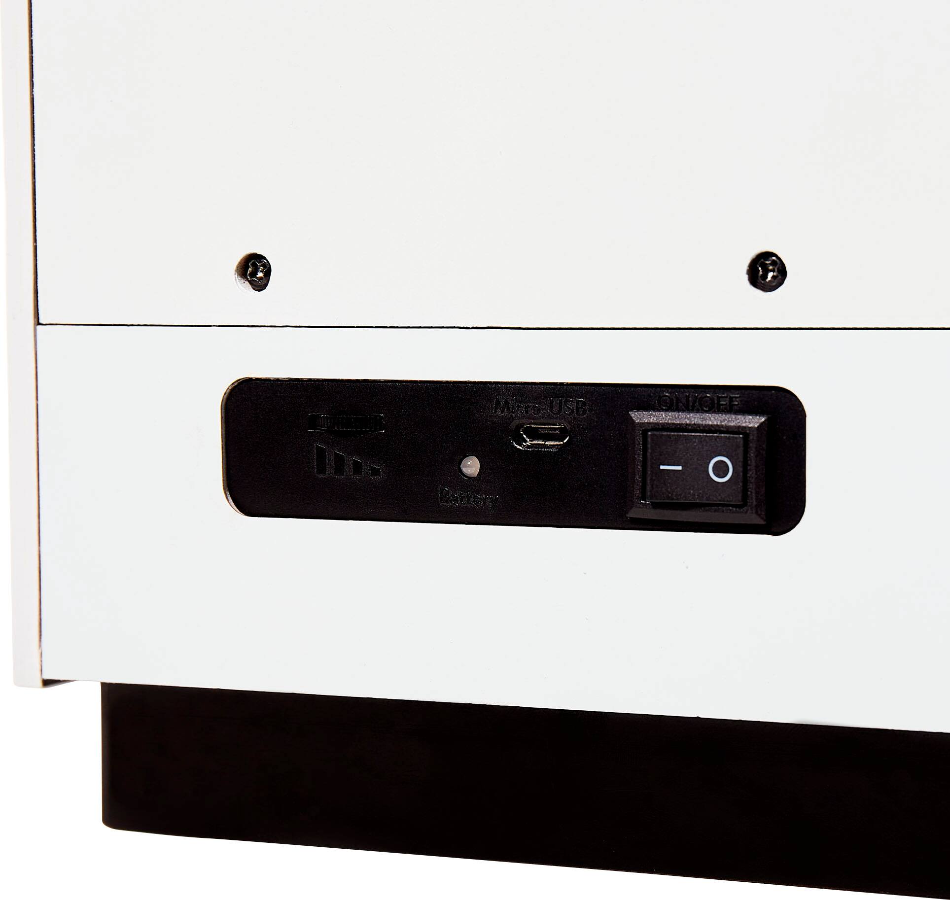 The image features a white box with a black panel on the front. The black panel has a power switch with a power button and a USB port. The power button is labeled with the number 100, and there is a small hole in the middle of the panel. The USB port is located next to the power button, and the overall design of the panel is minimalistic.