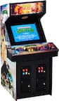 The image features a Teenage Mutant Ninja Turtles arcade machine, which is a video game machine. The machine has a large screen on the front, and it is designed to look like a movie theater. The machine is black and has a Teenage Mutant Ninja Turtles theme. The machine is likely used for playing video games, and it is a popular choice for entertainment in various settings.