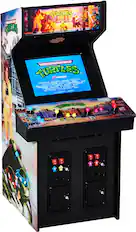 The image features a Teenage Mutant Ninja Turtles arcade machine, which is a video game machine. The machine has a large screen on the front, and it is designed to look like a movie theater. The machine is black and has a Teenage Mutant Ninja Turtles theme. The machine is likely used for playing video games, and it is a popular choice for entertainment in various settings.