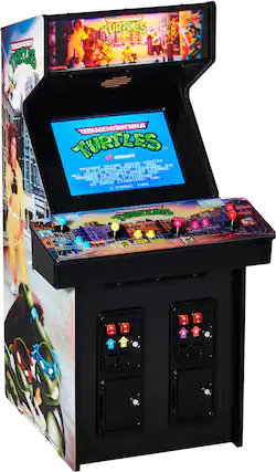 The image features a Teenage Mutant Ninja Turtles arcade machine, which is a video game machine. The machine has a large screen on the front, and it is designed to look like a movie theater. The machine is black and has a Teenage Mutant Ninja Turtles theme. The machine is likely used for playing video games, and it is a popular choice for entertainment in various settings. - E10+ (Everyone 10+)