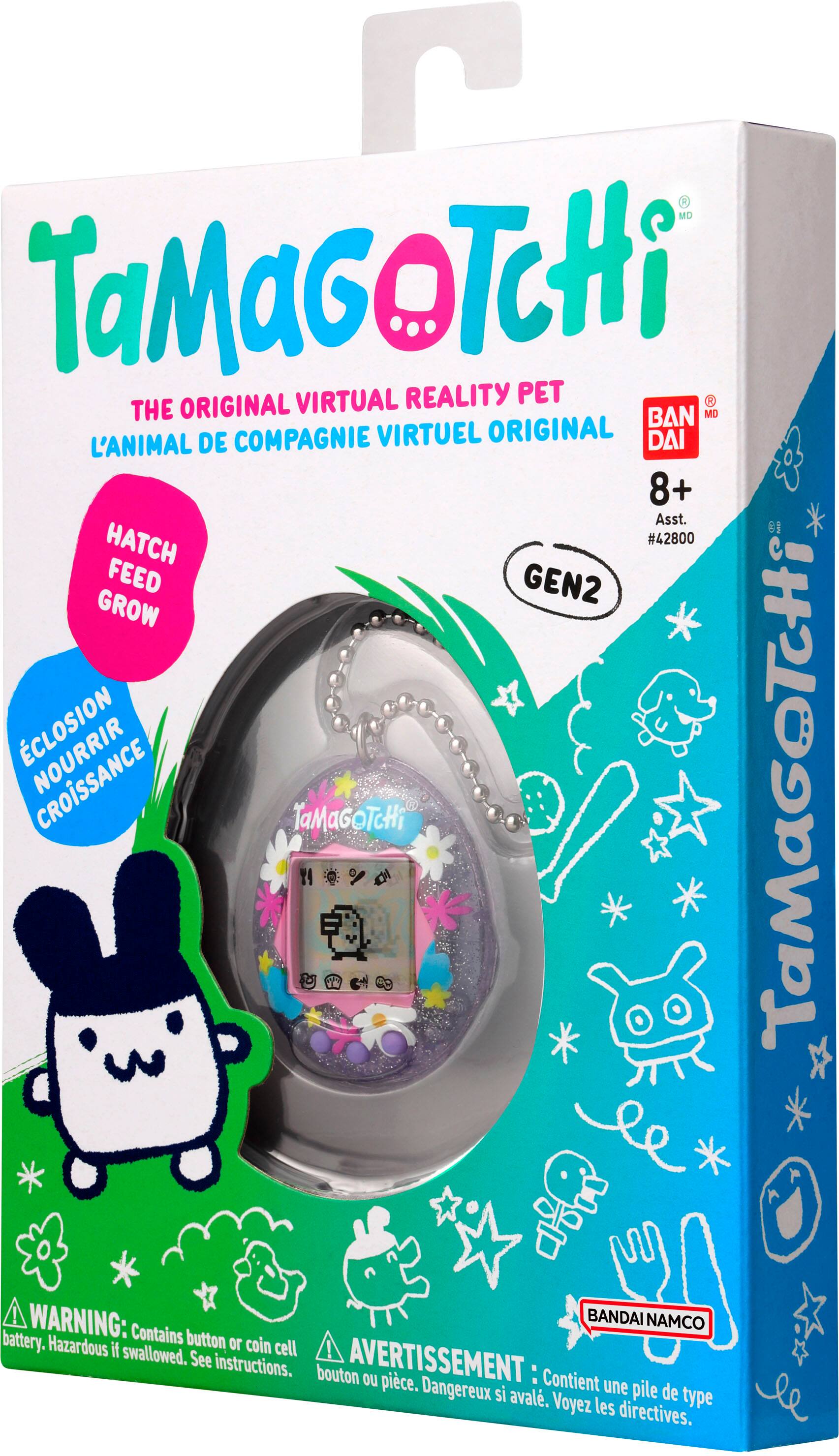 TaMaGOTCHi PET is the original virtual reality pet, designed by Compagnie Virtual. It comes with a feeding system, hatching chamber, and growth closure. The package contains an 8+ age-appropriate assortment of Hatch #42800, featuring Gen2. The product is a Tamagochi, a virtual pet that requires a battery to function. It is essential to follow the instructions to ensure safety, as swallowing the button or coin can be hazardous. The package also contains a warning about the potential dangers of button batteries.