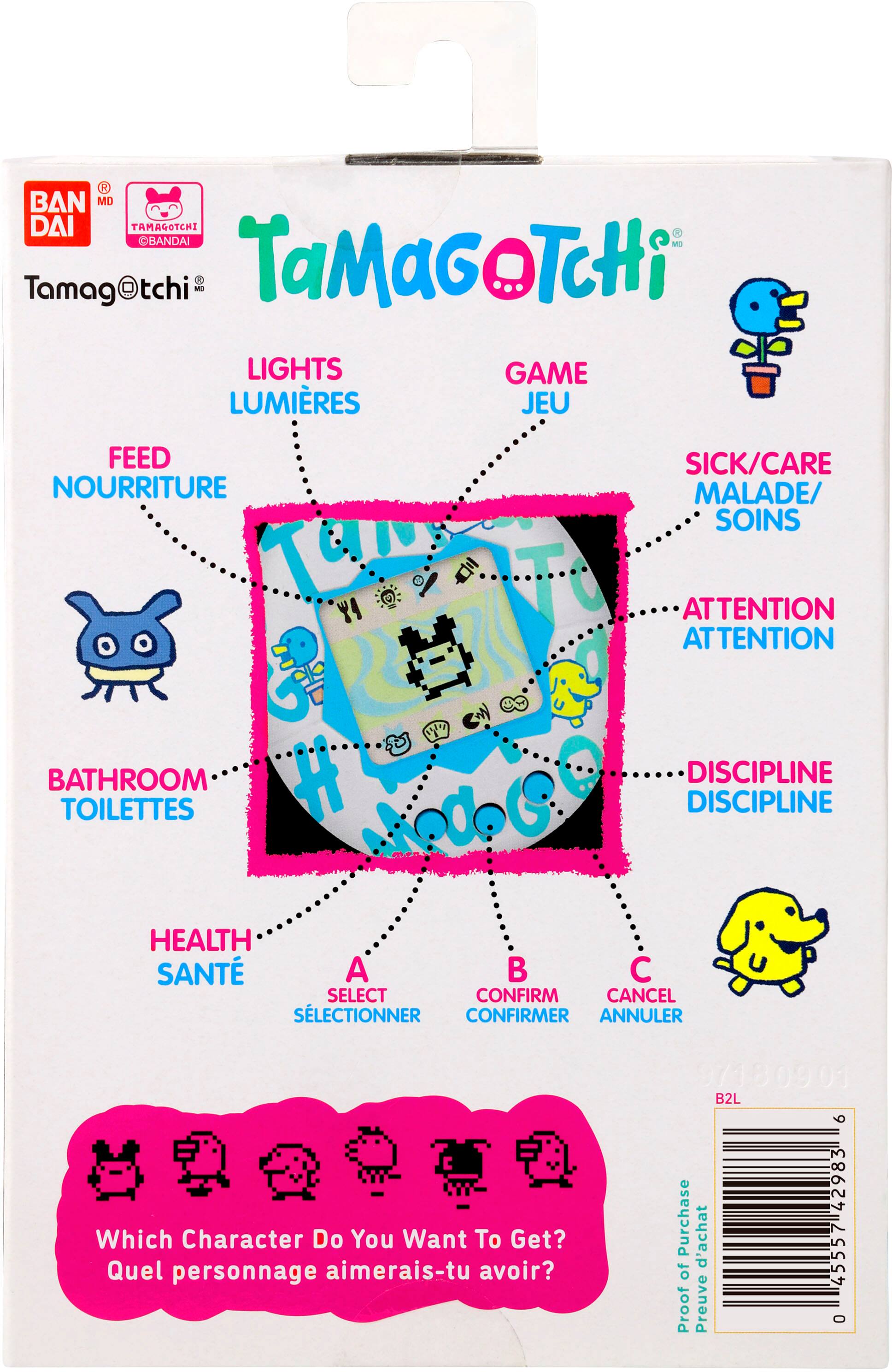 The image features a box for Tamagochi, a popular electronic toy. The box is open, revealing the toy inside. The box contains a diagram of the Tamagochi, which shows its various features, such as lights, game, sick/care, attention, bathroom, toilettes, discipline, and health. The box also includes a question asking which character the buyer would like to get.