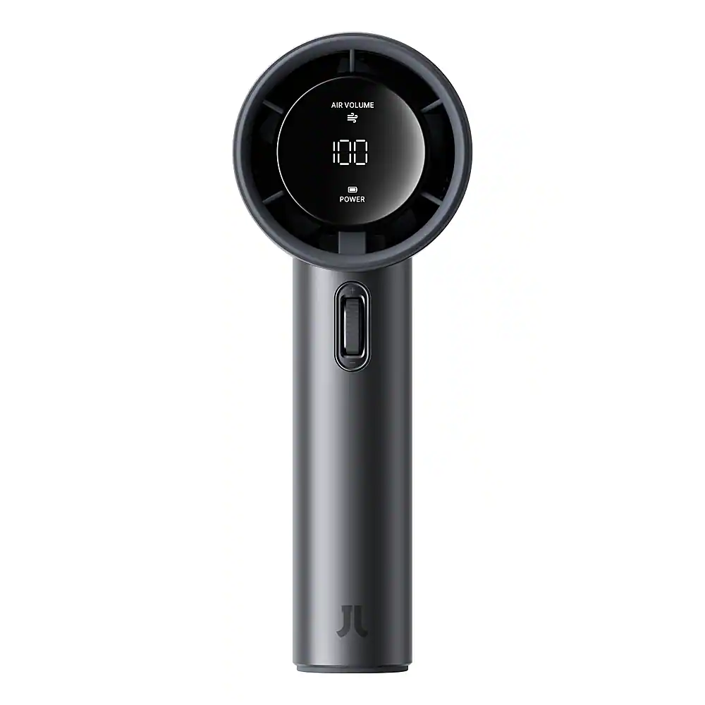 The image features a portable fan with a digital display showing the air volume at 100. The fan is designed to provide efficient cooling and is suitable for personal use in various settings. It is a compact and portable device that can be easily carried around and used when needed. The digital display on the fan allows users to monitor the air volume and power settings, ensuring optimal performance and comfort.