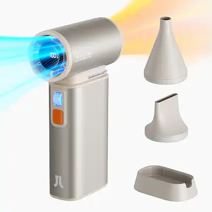 The image features a portable fan with a blue light on it, which is part of the JisuLife brand. The fan is designed to be compact and easy to carry, making it a convenient option for personal use or travel. The fan is accompanied by a small container and a white cone, which can be used for additional functionality or storage purposes. The JisuLife brand is known for its innovative and practical products, and this portable fan is no exception.