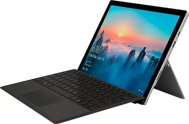 Front. Microsoft - Geek Squad Certified Refurbished Surface Pro 4 with Black Type Cover - 12.3" - 128GB - Intel Core i5 - Silver.