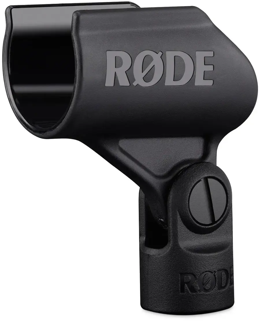 The image features a black microphone, which is a product by RODE. The microphone is designed to be attached to a camera, and it is positioned in front of a white background.