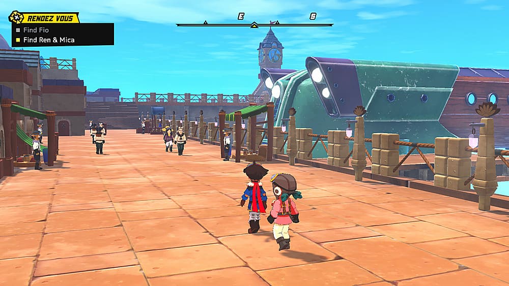 In the image, there are two people walking down a street, possibly in a video game setting. The street is lined with buildings, and there is a boat visible in the background. The people are walking towards the boat, which could be a part of their quest or mission. The scene is set in a city, and the characters seem to be enjoying their time exploring the area.