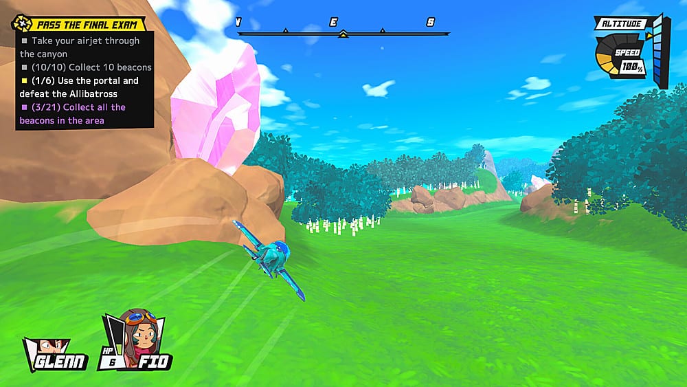 The image features a video game with a character on a rocky path, possibly in a canyon. The game is set in a colorful environment with a blue sky. The character is holding a blue object, possibly a sword or a tool, and is riding a skateboard. The game appears to be a platformer or an action game, with the character possibly collecting beacons or completing tasks. The game is likely set in a fantasy world or a futuristic setting, given the presence of the skateboard and the character's attire.