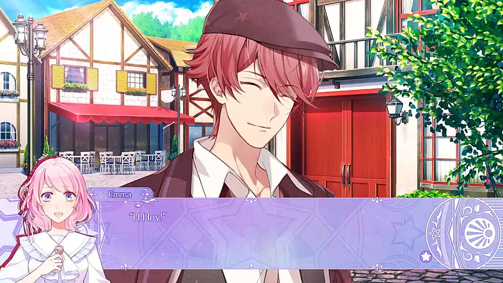 The image features a man wearing a hat and a black jacket, standing next to a woman. The man is smiling and appears to be winking at the woman. The woman is also smiling and seems to be enjoying the interaction. The scene takes place in front of a building, possibly a restaurant, with several chairs and dining tables visible in the background. The man's hat and the woman's pink hair are noticeable characteristics of the image.