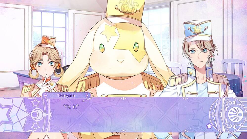 The image features a group of people, including a man and a woman, standing next to a stuffed animal. The man is wearing a hat, and the woman is wearing a tie. The stuffed animal is placed in the center of the scene, with the people standing around it. The phrase "On it!" is not visible in the image.