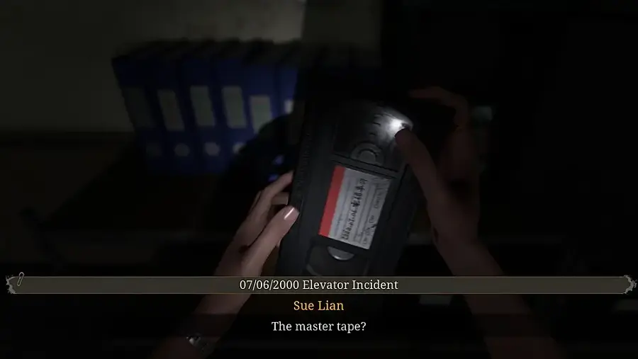 The largest text in the image reads "The master tape?". The following text has been cleaned up to read "L0-io6 07/06/2000 Elevator Incident Sue Lian".
