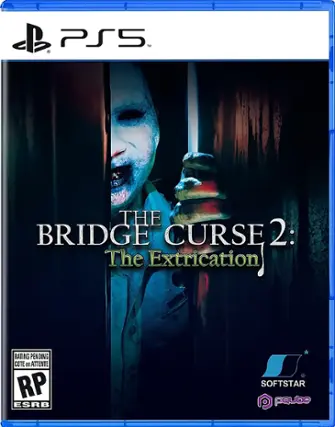 The image features a video game called "Bridge the Curse 2: The Extrication" for the PlayStation 5. The game is rated pending, and it is a horror game. The image also shows the game's cover, which features a scary character. - [RP (Rating Pending)]