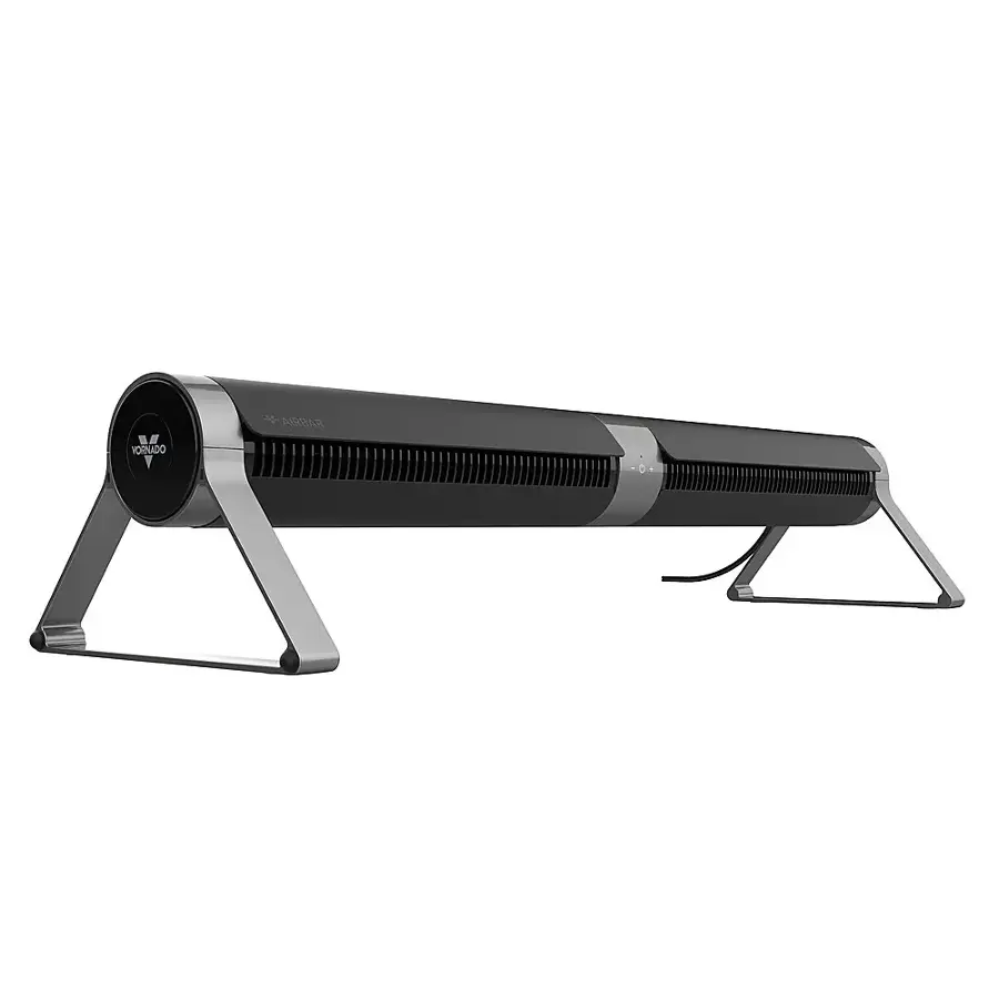 The image features a black and silver Arbar Vortex fan. The fan is designed to be used in a horizontal position, with its base resting on the ground. The fan has a sleek and modern appearance, making it an attractive addition to any room.