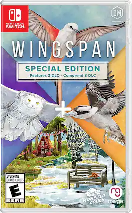 The text on the image reads: "SM NINTENDO SWITCH. STONEMAIER GAMES WINGSPAN SPECIAL EDITION Features 3 DLC Comprend 3 DLC + EVERYONE ENFANTS et ADULTES E ESRB MONSTER COUCH merge." This text is in French, and it describes the video game "Wingspan Special Edition" for the Nintendo Switch console. The game features three DLCs and is rated E for Everyone, suitable for both children and adults. - E (Everyone)