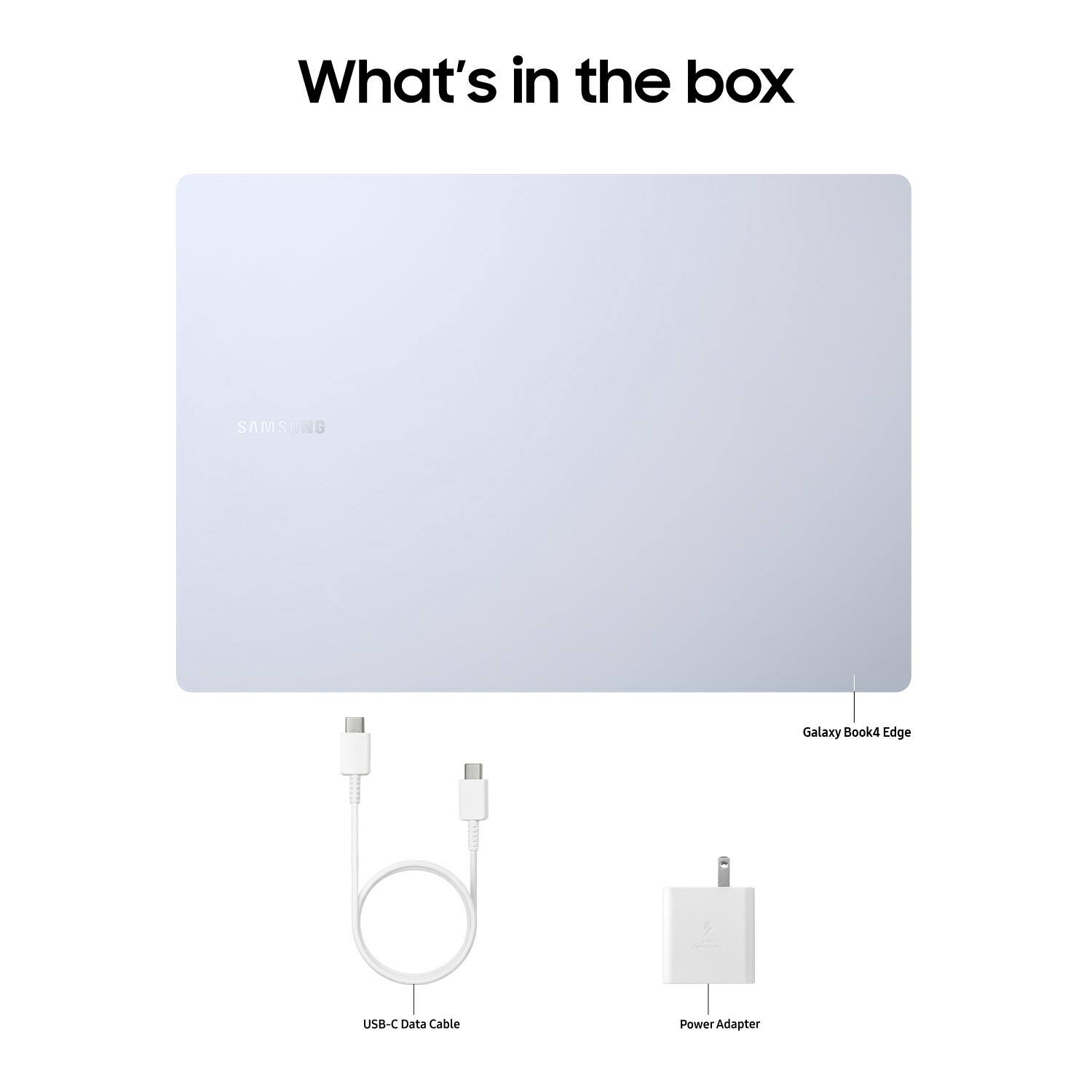 What's in the box: SAMSUNG Galaxy Book and Edge USB-C Data Cable, Power Adapter.
