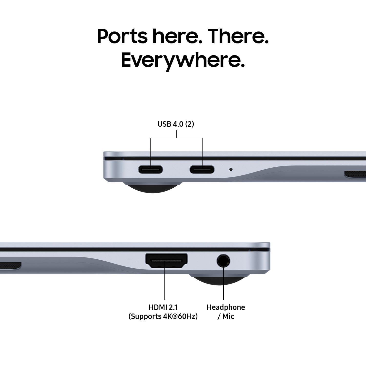 Ports here. There. Everywhere. USB 4.0 (2) HDMI 2.1 Headphone (Supports 4K@60Hz) /Mic