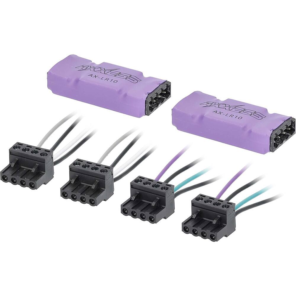 The image features a set of four purple electronic components, which are likely connectors or wiring harnesses. They are arranged in a row, with each component being slightly different from the others. The components are designed to be used with the AxovEss AX-LR10 system, which is a type of electronic device. The connectors are likely used for various purposes, such as connecting different parts of a circuit or providing power to specific components within the system.