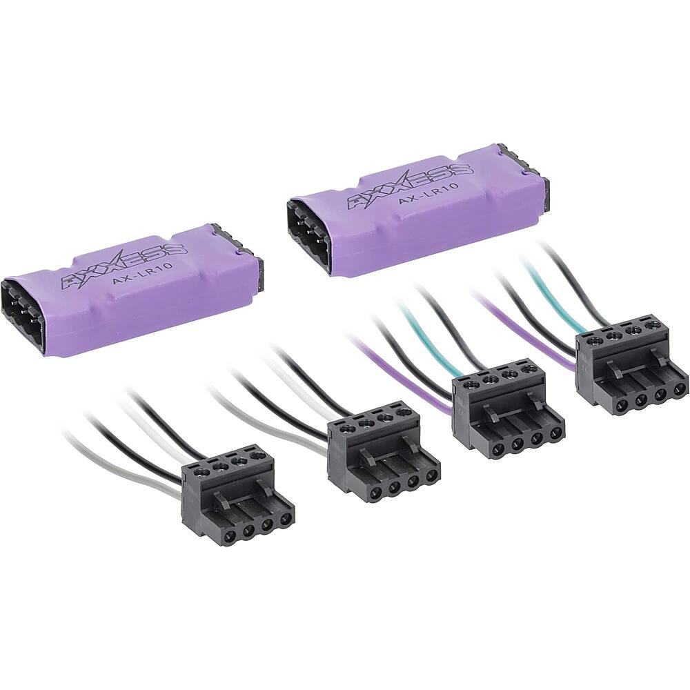 The image features a collection of electronic components, including a purple box with cords and a purple connector. There are four cords in total, with one being purple and the others being black. The cords are connected to the purple box, which is placed on a white background. The cords are arranged in a way that they seem to be plugged into the box.