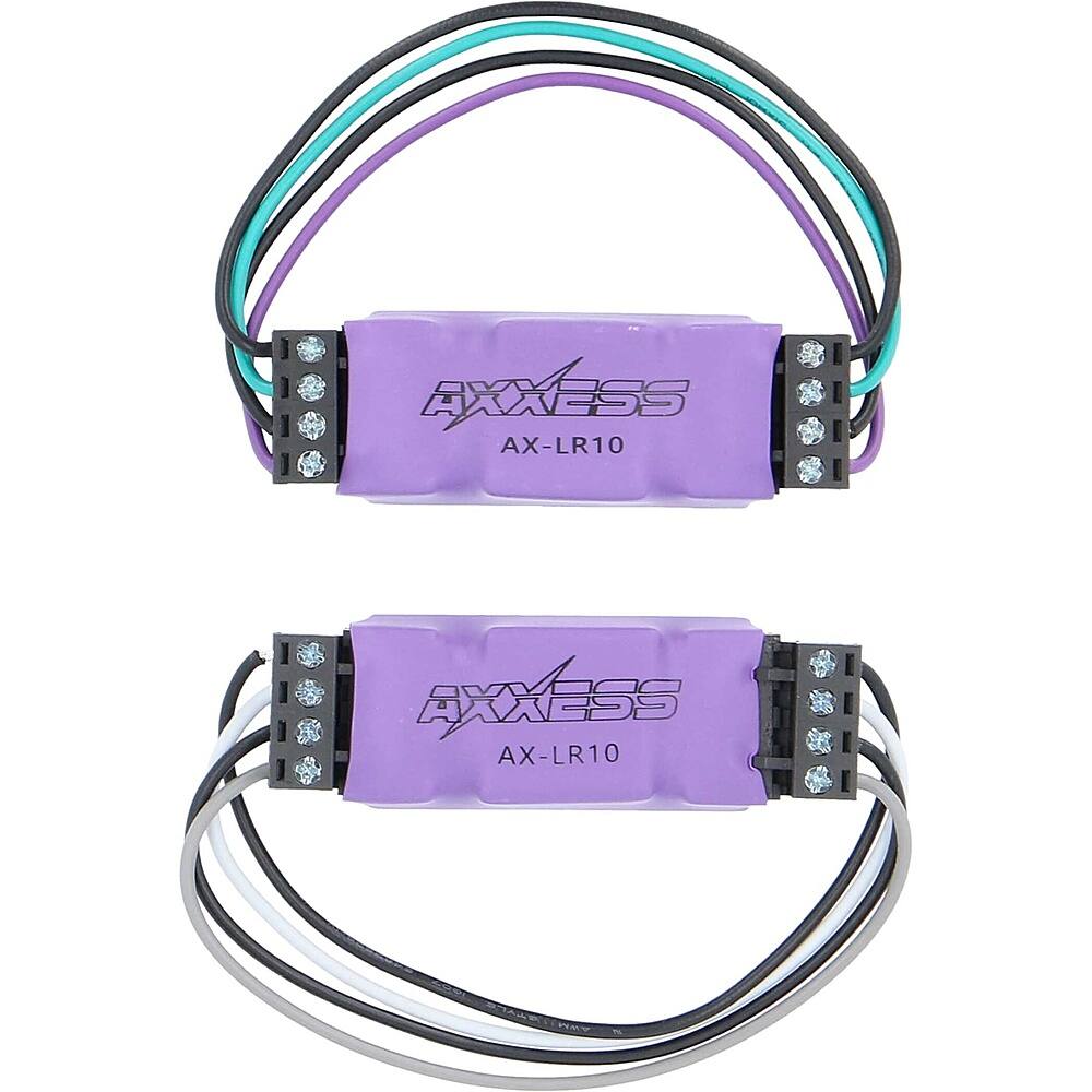 The image features two purple Axxess AX-LR10 connectors, which are designed for use with electronic equipment. The connectors are connected by a series of wires, and they are placed next to each other. The Axxess AX-LR10 connectors are commonly used in audio and video systems for signal transmission and amplification.
