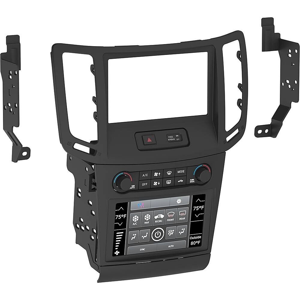 The image features a car dashboard with a large display screen. The screen displays the current temperature and various other information. The temperature is set at 75 degrees, and the car is in the "Eco" mode. The display also shows the outside temperature at 80 degrees. The dashboard is designed to provide the driver with essential information and control various functions of the car.