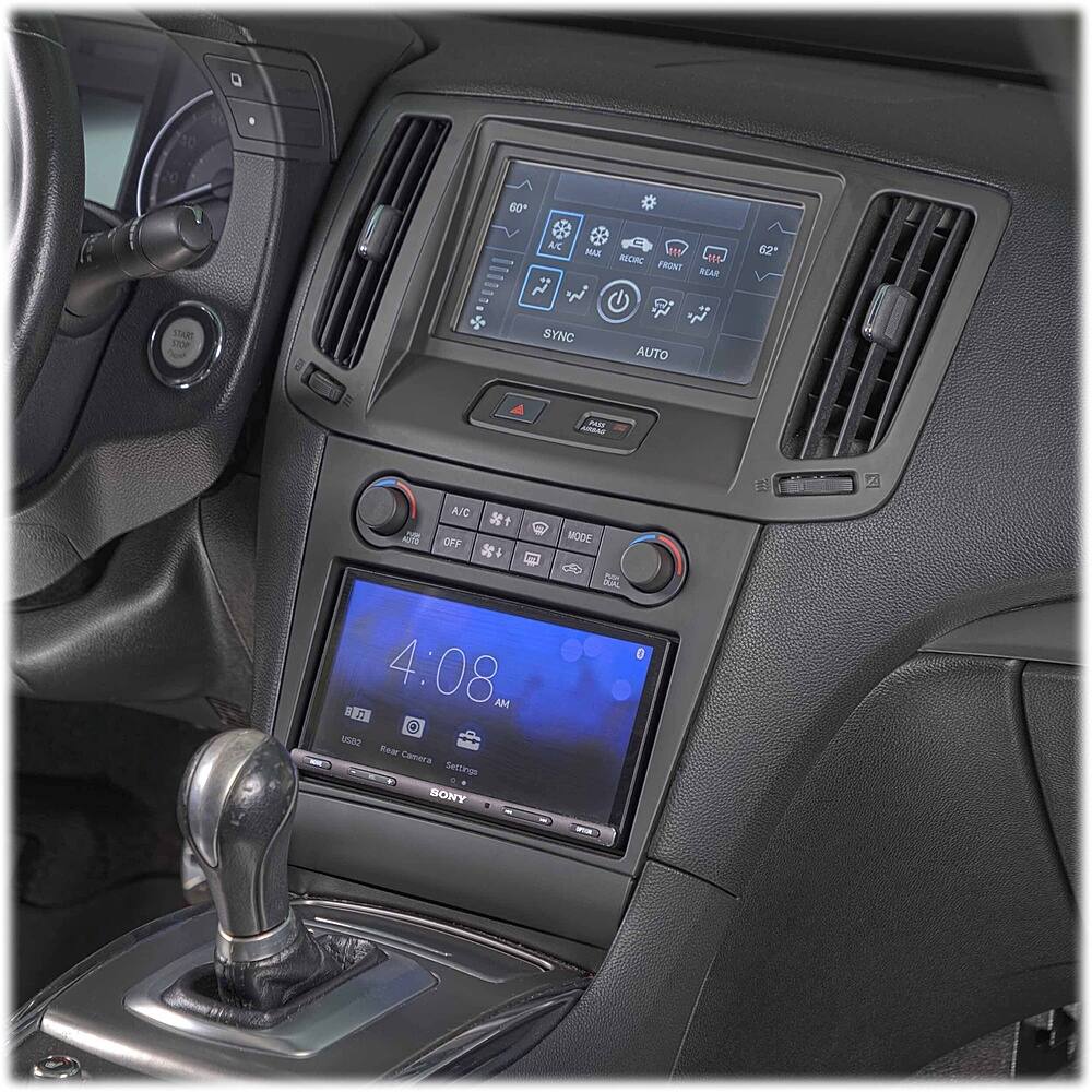 The image shows a car's dashboard with a clock displaying the time of 4:08 AM. The dashboard also features a touch screen with various options, such as the rear camera settings and the air conditioning system. The car's interior is black, and the dashboard is equipped with a steering wheel and a gear shift.