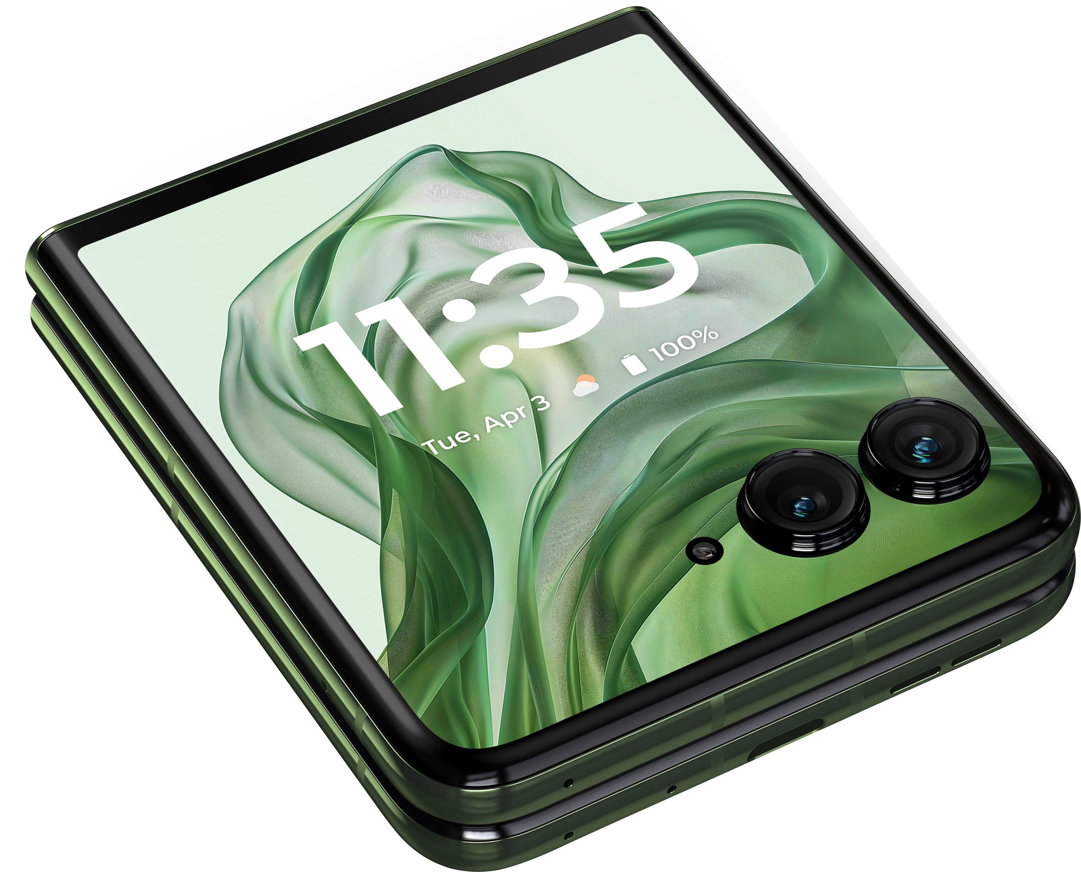 The image shows a cell phone with a green background and the time 11:35 displayed on the screen. The date is also visible, which is Tue, Apr 3. The phone is turned on and ready for use.