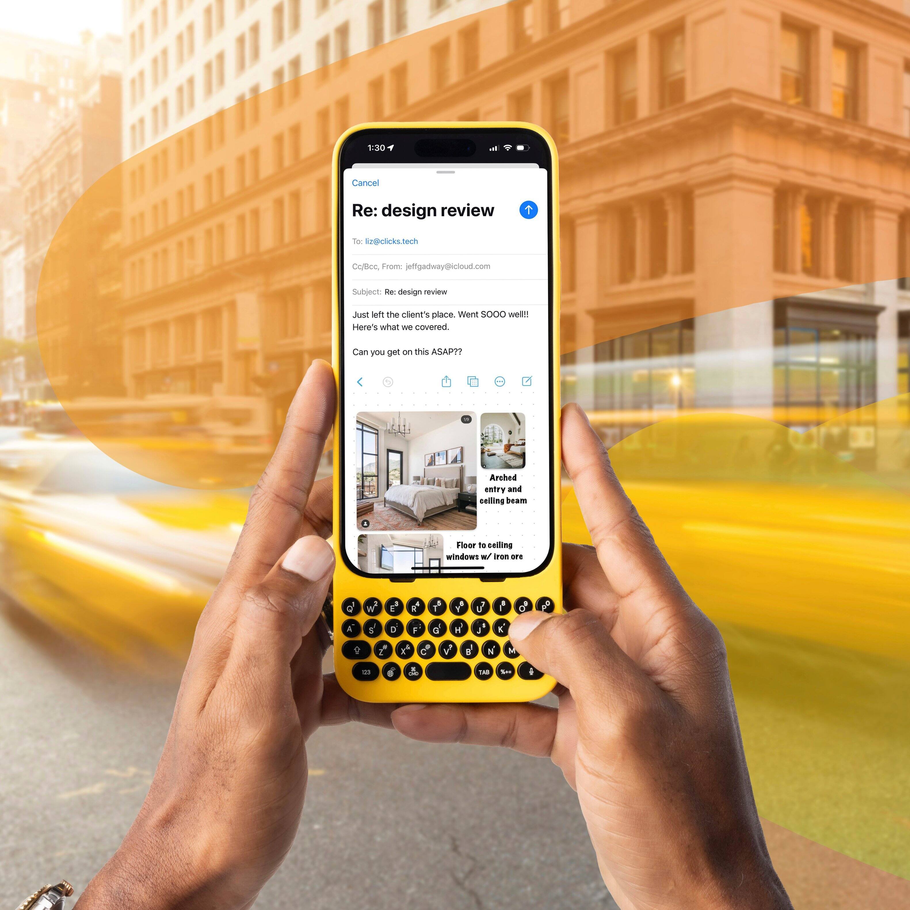 1:30 am Cancel Re: design review for kasclicka.tech Co/bee Trom jeffgadway@icloud.com Subject: design review Just left the client's place. Went well. Here's what we covered. Can you put this on the calendar ASAP? - Arched eatry and celling beam for T ceiling windows w/ iron oF D . 1 A A a Q  K I . N - 6 TAB Srr