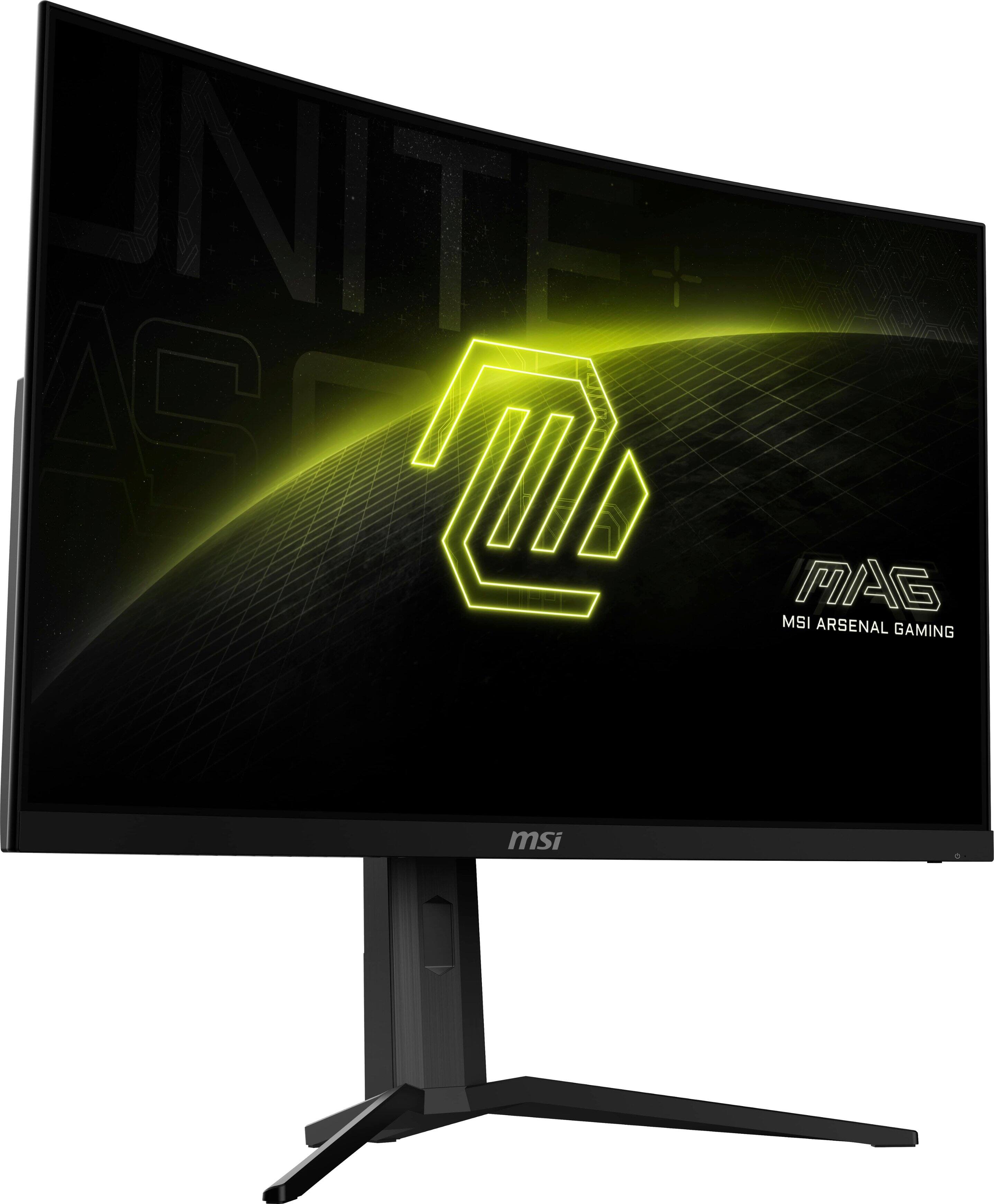 The image features a large MSI monitor, which is part of the MAG Arsenal Gaming series. The monitor is black and has a yellow logo on it. It is placed on a stand and is the main focus of the image.