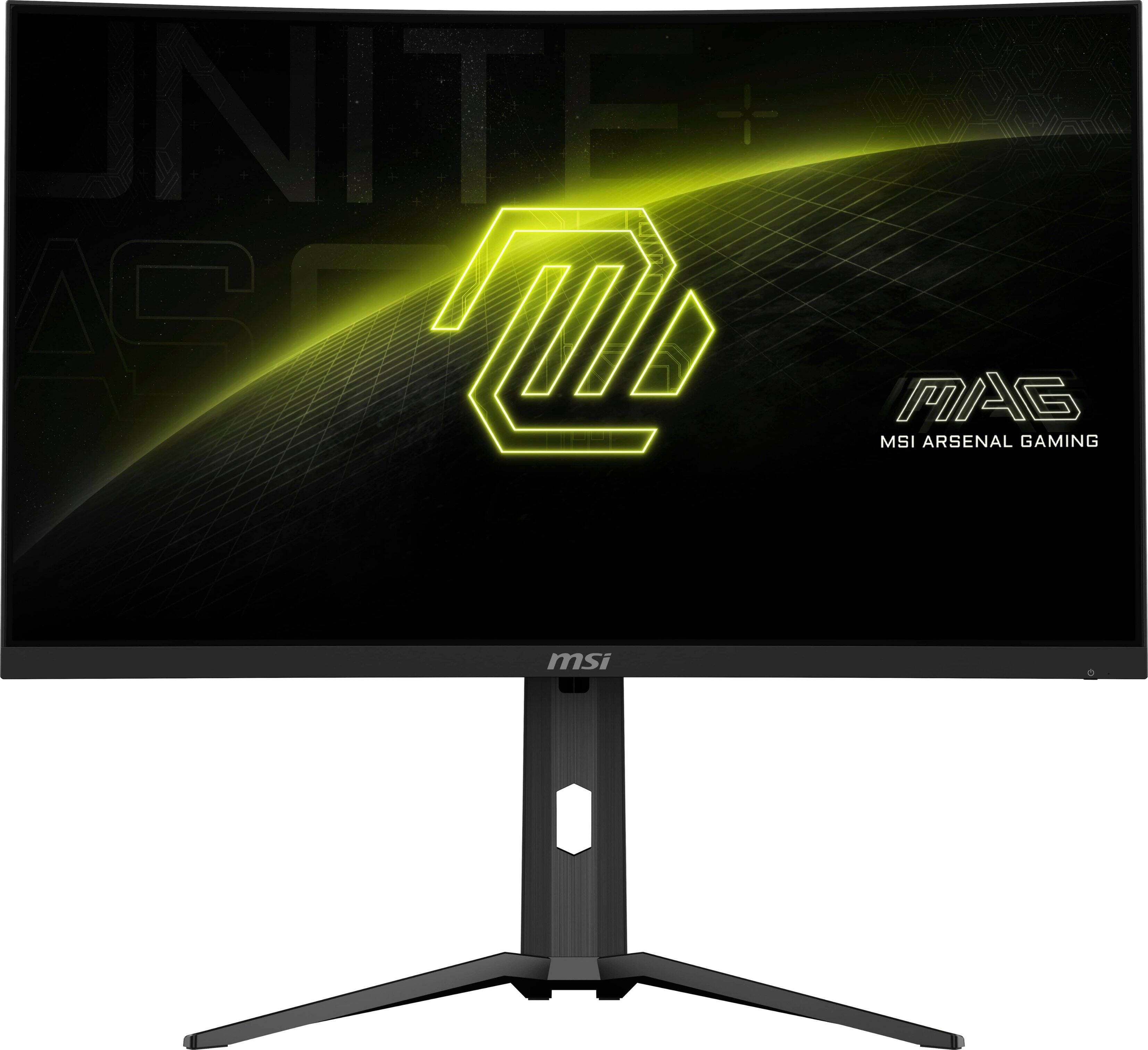 The image features a large monitor with a black background and a yellow logo. The monitor is likely an MSI Arsenal Gaming monitor, as indicated by the MSI logo on the screen. The monitor is placed on a stand, and the screen is positioned at an angle, making it an attractive display for gaming enthusiasts.